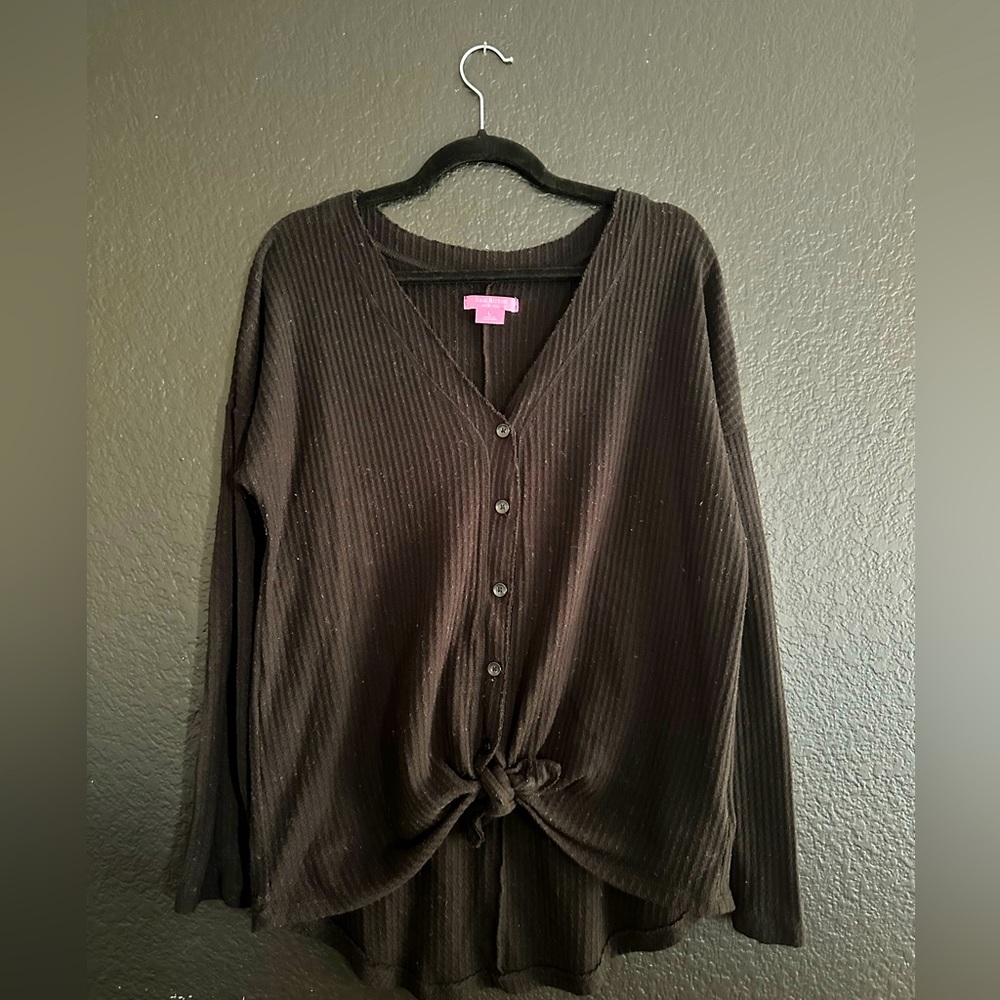 Black waffle long sleeve with tie front